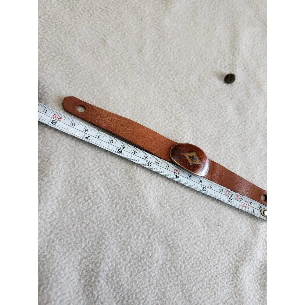 Vintage Austria Artisan Boho Tribal Bracelet Leather Brass Copper Wood Grain